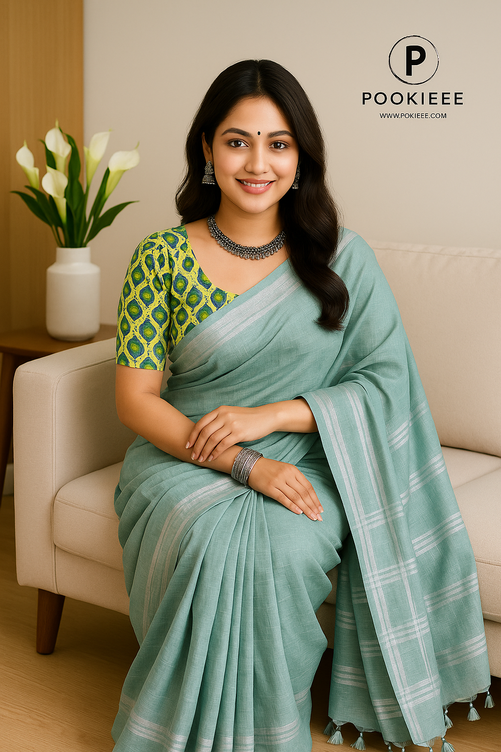 Plain Cotton Linen Saree with Blouse Piece